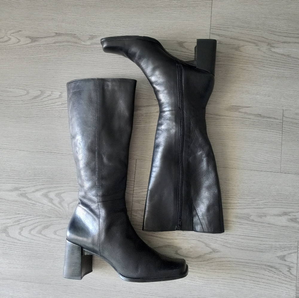 90's Nine West Vintage Y2K Square Toe High Black Leather Boots - Picture 7 of 16